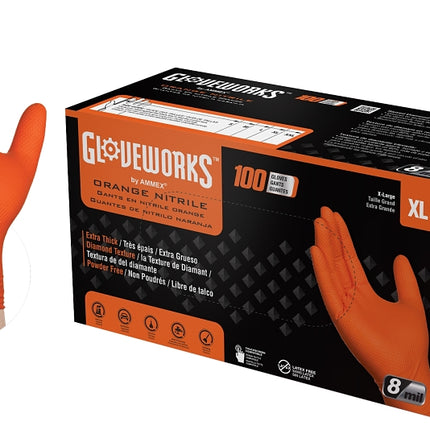 Gloveworks GWON48100 Heavy-Duty Disposable Gloves, XL, Nitrile, Powder-Free, Orange, 9-1/2 in L :BX100: QUANTITY: 1
