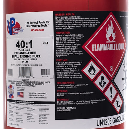 VP Racing 6292 40:1 Premixed Small Engine Fuel, Aromatic Hydrocarbon, Red, 5 gal Pail :PAIL: QUANTITY: 1
