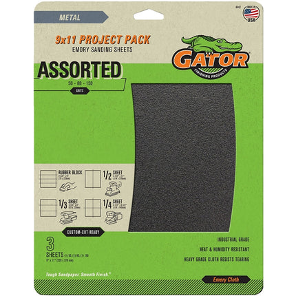 Gator 4447 Sanding Sheet, 11 in L, 9 in W, Emery Abrasive, Cloth Backing :PK  3: QUANTITY: 1
