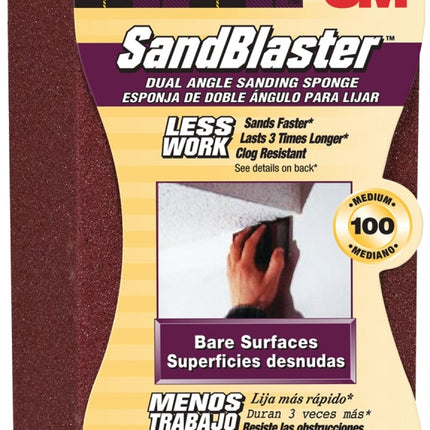 3M SandBlaster 9560 Sanding Sponge, 4-1/2 in L, 2-1/2 in W, 100 Grit, Medium, Aluminum Oxide Abrasive :EA: QUANTITY: 1
