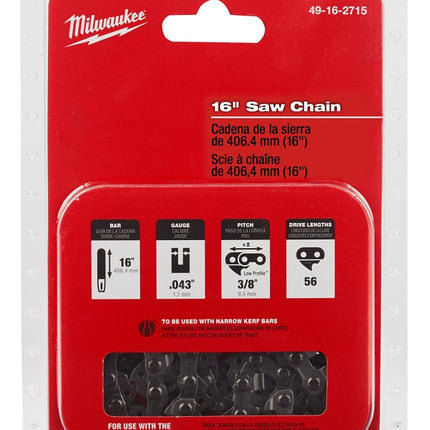 Milwaukee 49-16-2715 Chainsaw Chain, 16 in L Bar, 0.043 in Gauge, 3/8 in TPI/Pitch, 56-Link :CD: QUANTITY: 1