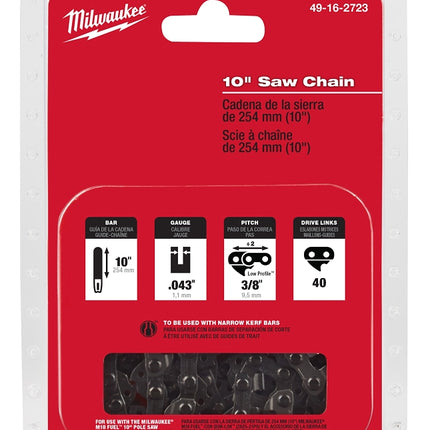Milwaukee 49-16-2723 Chainsaw Chain, Pole Saw Chain, 10 in L Bar, 0.043 in Gauge, 3/8 in TPI/Pitch, 40-Link :CD: QUANTITY: 1