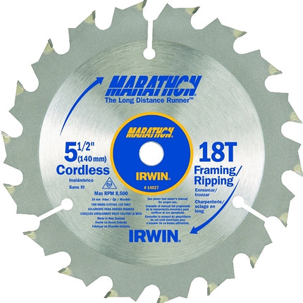 Irwin Marathon 14027 Circular Saw Blade, 5-1/2 in Dia, 0.39 in Arbor, 18-Teeth, Carbide Cutting Edge