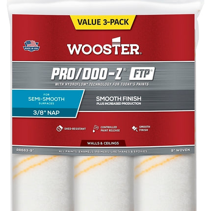 Wooster RR663-9 Roller Cover, 3/8 in Thick Nap, 9 in L, Woven Fabric Cover, White