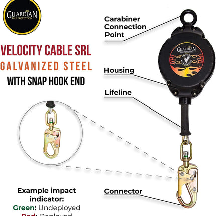 Guardian Fall Protection 42002 Velocity Cable SRL – 30 ft. Self Retracting Lifeline with Carabiner & Connector