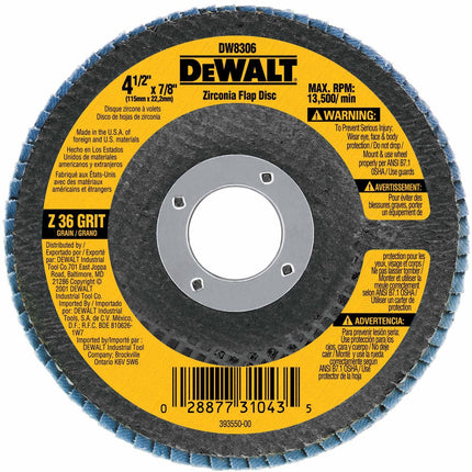 DeWalt DW8306 Type 29 36 Grit Premium Abrasive Zirconia Flap Disc, 4-1/2" x 7/8"
