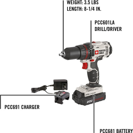 PORTER-CABLE 20V MAX* Cordless Drill/Driver Kit, 1/2-Inch (PCC601LA)