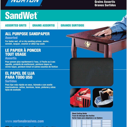 Norton 48110 Sand Wet Sandpaper Assorted Grit, 9-Inch x 11-Inch, 5-Pack