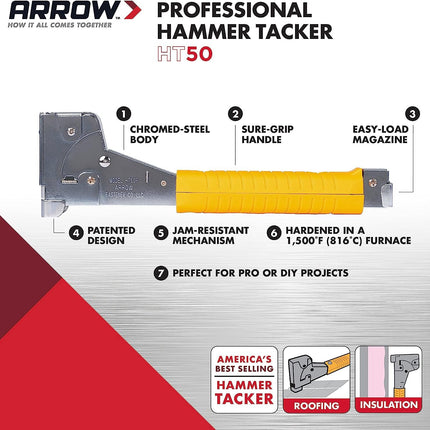 Arrow HT50 Heavy Duty Hammer Tacker, Chromed-Steel Manual Stapler with Sure-Grip Handle, Dual-Capacity Rear-Load Magazine, Fits 5/16”, 3/8", or 1/2" Staples