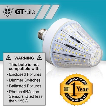 GT-Lite 5200 Lumen LED Corn Cob Light Bulb, 40-watt, 300-watt Equivalent, Daylight, 5000K Light Color, E26 Base, Energy Saving LED Light for Indoor Outdoor Garage Workshop Warehouse Home Use