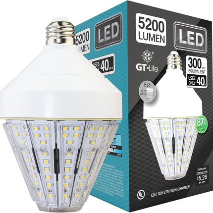 GT-Lite 5200 Lumen LED Corn Cob Light Bulb, 40-watt, 300-watt Equivalent, Daylight, 5000K Light Color, E26 Base, Energy Saving LED Light for Indoor Outdoor Garage Workshop Warehouse Home Use